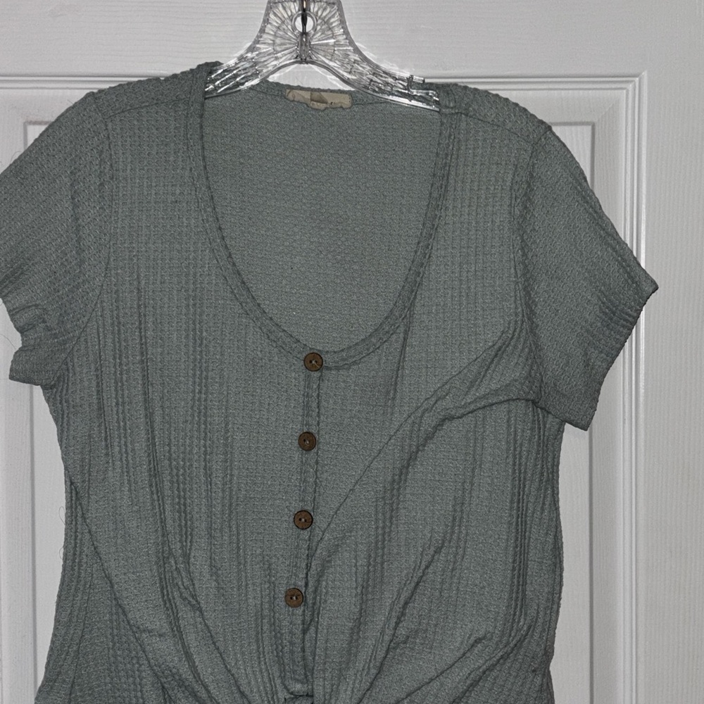 Sage Green Ribbed Tie-Front Blouse